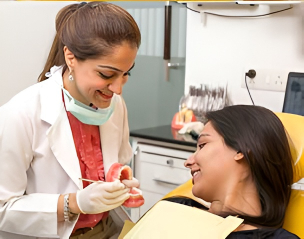 Dr. Smriti Nanda discussing Invisalign treatment plan with patient in Delhi clinic