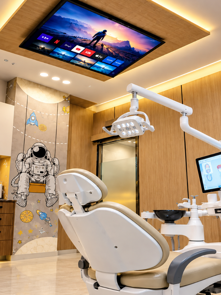 Ceiling screen with Netflix above dental chair at Nanda Dental